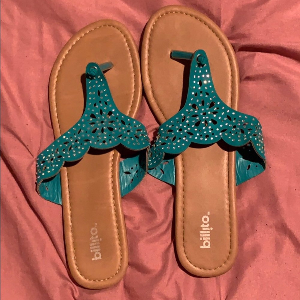 Blue rhinestone sandals.